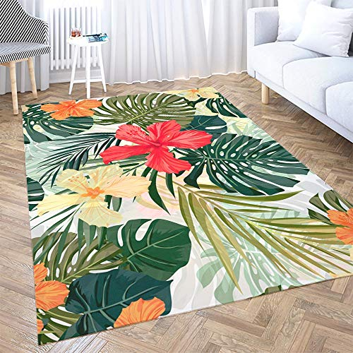 Gesmatic 3 x 5 Teppich Vintage Bereich Teppich Sommer Bunt Hawaii Muster Tropische Pflanzen Hibiskus Blumen Bauernhaus Bereich Teppich Geeignet für Wohnzimmer, Küche, Outdoor