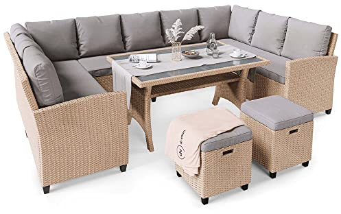di volio Polyrattan Sitzgruppe Livorno - Lounge Gartenmöbel-Set mit Ecksofa, Tisch, 2 Hockern - Loungemöbel in Rattan-Optik inkl. eine Fleecedecken (beige)