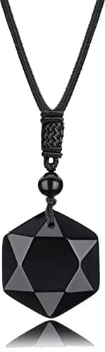 Hexagram Obsidian Pendant Necklace - Black Healing Crystal Amulet Star Stone for Women, Men & Teens