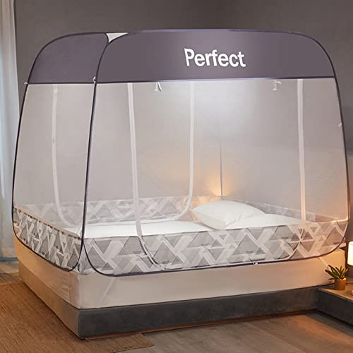 Portable Faltbare Moskitonetz Zelt Bed Canopy Pop Up DREI Türen Insektenschutz Fliegengitter Feinmaschig Für Reise Und Zuhause Mit Tasche (Gray,180 * 200 * 170cm)