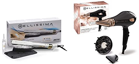 Imetec Bellissima Steam Elixir, Plancha de pelo con vapor, Alisa en una sola pasada sin dañarlo & Imetec My Pro Ceramic P5 3800, Secador de pelo profesional para cabellos suaves Negro/Oro