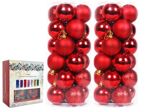 YLYDMY 48 Stücke Weihnachtskugeln Kunststoff Set Weihnachtsbaumschmuck Weihnachtsdeko Set Kunststoff Weihnachtsbaumkugeln Box (Rot)