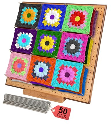 Olikraft Granny Quadratisches Häkel-Blockierbrett aus Holz mit 50 Blockiernadeln und Ständer – Strick- und Häkelbedarf-Set, Werkzeuge und Zubehör – ideales Häkelgeschenk (35,6 cm)