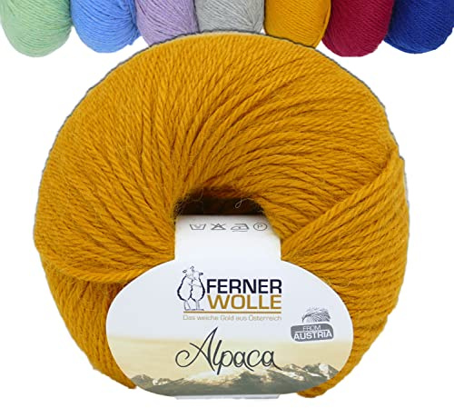 Ferner 100% Alpaka Wolle zum Stricken und Häkeln | Reine Alpakawolle curry senf Strickwolle Häkelwolle | 50g 100m alpaca wool (113 senf)