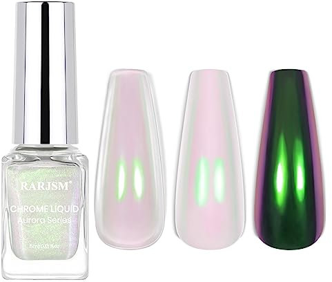 RARJSM Aurora Chrome Liquid Nail Powder Chameleon Metallic Mirror Effect Pink Green Iridescent 5ML for Gel Polish Pearl Mermaid Glitter Quick Dry Nail Art No Curing Required