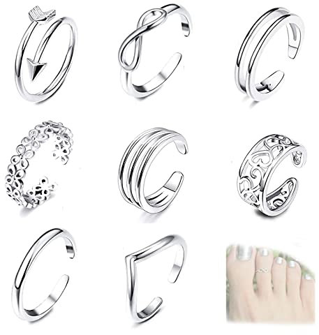 Bague Orteil pour Femmes,Lot de 8,Bagues de pied,Filles Argent Simple Réglable Knuckle Ring Lot,Ouverture,Anneau Peut Aussi Être Anneau de Pied