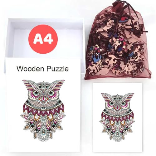 Home Melody Holzpuzzle Eule | A4 Größe 29,7 x 21 cm | 180+ Teile | Wooden-Puzzle Vogel Tier in Geschenk-Box | Erwachsene Kinder-Geburtstag Junge Mädchen | Holz-Puzzle einzigartige Form