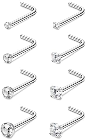 Kakonia 8stk 20G Nasenpiercing Stecker für Damen G23 Titan Nasenstecker L Form Nostril Piercing Schmuck Klein Piercing Nase Stecker 1.5mm/2mm/2.5mm/3mm