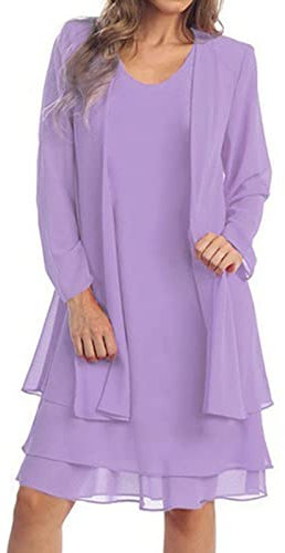 Casual Tunic Dress Women's Chiffon Stitching Long Sleeves in The Long Two Piece Dress Set Mother of The Bride Purple