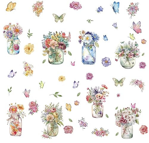 CRASPIRE 8 Sheets Flower Window Stickers Vase Potted Plants PVC Self-Adhesive Window Clings Wall Decor Decals for Bedroom Living Room Window Stairway Showcase Home Decorations