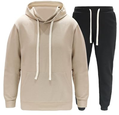 QWUVEDS Men's and Women's Sports Sets Autumn and Winter Leisure Plain Hoodie Trousers with Tassels Sports Suit Training Jacket Men, 24-0214a-khaki, 5XL
