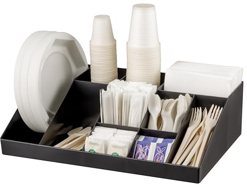 Baroni Home Organizer da caffetteria in Plastica Resistente 10 Scomparti, per Bicchierini, Posate, Zucchero, Cucchiaini, Cannucce e Bicchieri, Funzionale e Facile da Pulire, 44x27x12 cm, Nero