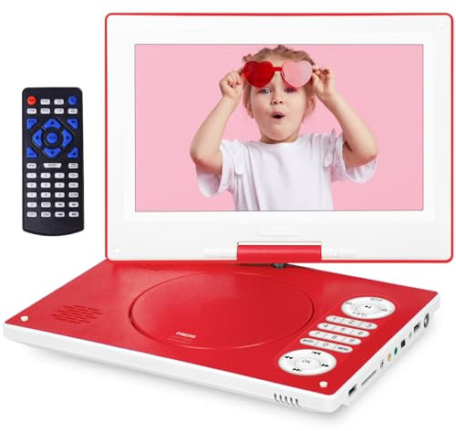 12.5'' Portable DVD Player with 10.1 HD Swivel Screen, 6 Hours Rechargeable Battery DVD Player Portable for Kids and Car, Support CD/DVD/SD Card/USB with Car Charge,Red