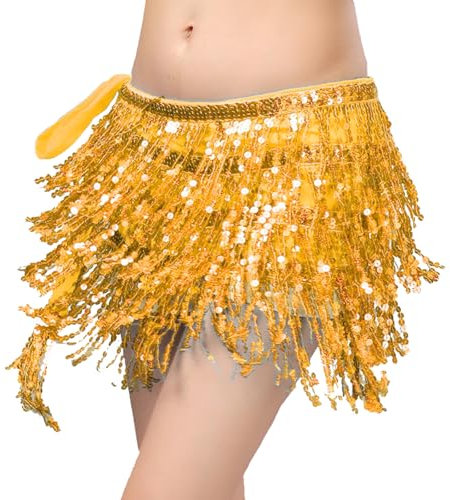 LETTERASHQP Glitzer Rock Damen Pailletten Bauchtanz Gold Quasten Glitzerrock für Karneval Mädchen
