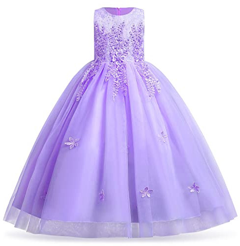 IBTOM CASTLE Vestito Elegante Gonna Lunga Abito Cerimonia Bambina Vestito Principessa Battesimo Damigella Bambina Comunione Vestiti Vestito Stratificato Tulle Tutu Abito Viola Chiaro-a 11-12 Anni