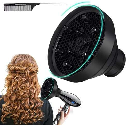 Haargebläse Diffusor,Faltbar Haartrockner Abdeckung,Universal Haartrockner Diffusor Aufsatz,Zusammenklappbarer Diffusor mit Stielkamm Für Föhns zum Trocknen und Gewinnen von Volumen(Schwarz)