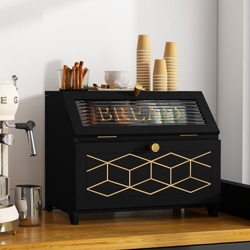 MROJISC Black Bread Bin, Wooden Bread Bin Double Layer with Transparent Window, Large Breadbox Bread Bins for Kitchen Countertop Food Storage