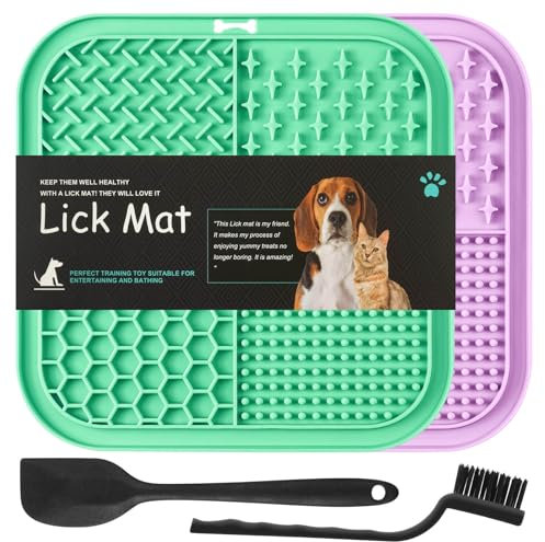 HOTUT Dog Lick Mats with Suction Cups 20 * 20cm,2pcs Licking Mat for Dogs and Cats,Dog Slow Feeder Licky Pat with Spatula and Brush,Licking Pad for Food,Treats,Anxiety Reducer,Boredom