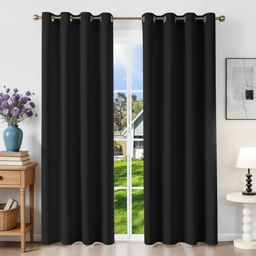 Runyéla Verdunklungsvorhänge mit Ösen Gardinen 2er Set, Thermovorhang Hitzeschutz H 220 x B 140, Vorhänge Blickdicht Schwarz, Ösenvorhang für Schlafzimmer Wohnzimmer Blackout Curtain