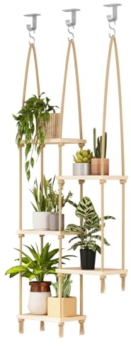 Hemp Rope + Wood Hanging Shelf, Hanging Shelves With 3 S-shaped Hooks, Five-tier Shelf Design, Boho Wall Decor Rope Shelf For Balcony And Living Room Decoration
