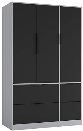 URBNLIVING 3 Door Wardrobe with 4 Drawers – Wooden Bedroom Storage Cupboard with Hanging Rail for Clothes - Grey Unit & Black Doors & Drawers