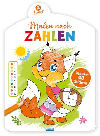 TRÖTSCH - Malen nach Zahlen - Level 2 | Malen nach Zahlen Malbuch zum Zahlenlernen mit nummerierten Flächen: Ausmalbuch mit Stickern zum Verschönern der Tiermotive | Ab 3 Jahren