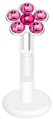 Piersando Piercing Bioflex Lippen Lippe Labret Lippenpiercing Ohr Tragus Ohrpiercing Stab Stecker mit Blume aus Zirkonia 8mm Silber Pink Fuchsia