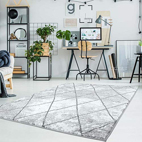 Teppich Wohnzimmer Modern - 80x150 cm Grau Meliert - Kurzflor Teppiche mit Raute-Optik