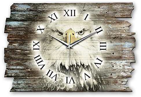 Kreative Feder Designer Wanduhr Adler Weißkopfseeadler aus Holz Größe 40x27cm - Wanduhr im Landhaus-Stil Shabby-Style Made in Germany leise ohne Ticken (Adler, leises Funkuhrwerk)