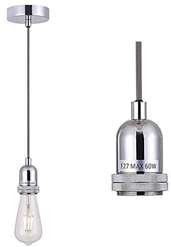 SHINY STAR Pendant Fitting Chrome Ceiling Light Fitting, Vintage Metal Ceiling Rose with Braided Flex Cable and Metal E27 Lamp Holder KIT Accessary HT201CH