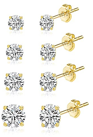 ASH'S CHOICE 925 Sterling Silver Stud Earrings Set 14K Gold Multipack Small Cubic Zirconia Ball Cartilage Studs for Women, 3/4/5/6 mm 4 Pairs