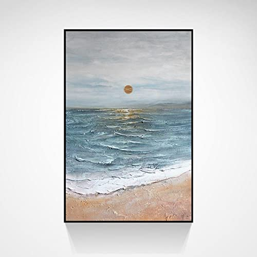 BVFRA Handgemalte Leinwand Bilder,Abstrakte Kunst Wand Sonnenaufgang Am Meer Landschaft Nordic Vertikale Kunstwerk Spachtel Texturierte Große Größe Rahmenlose Coole Gemälde Wohnkultur Für Wohnzimmer