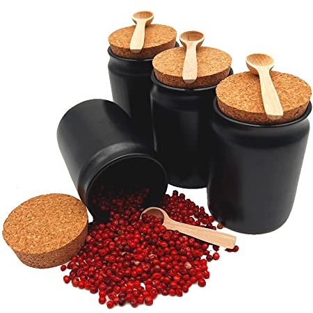 mikken 4x Gewürzdose Keramik schwarz rund 200 ml mit Korken Gewürzglas Steingut inkl. Holzlöffel + Etiketten