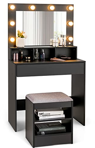 COSTWAY Dressing Table Set with LED Lights Hollywood Mirror, Drawer and Shelves, Modern Detachable Makeup Vanity Table Stool Set, Home Bedroom Furniture Cosmetics Dresser Gift for Girls Women