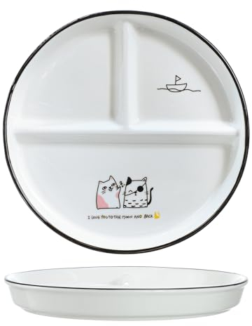 Bicuzat 1 x Keramik-Dinosaurier-Portionskontrollteller für rationales Essen, geteilter Dessertteller, Salatteller, Speiseteller, Freunde, Katze, 20,3 cm