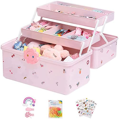 Ulapithi Children's Hair Accessories Storage Boxes - Pink Craft Organiser with Portable Storage Box for Hair Bands, Clips