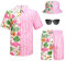 Harloon 4-teiliges Herren-Hawaii-Hemd und Shorts-Set, Strand-Outfit, Flamingo-Druck, Halloween, tropischer Anzug mit Fischerhut, Sonnenbrille, Flamingo, Large