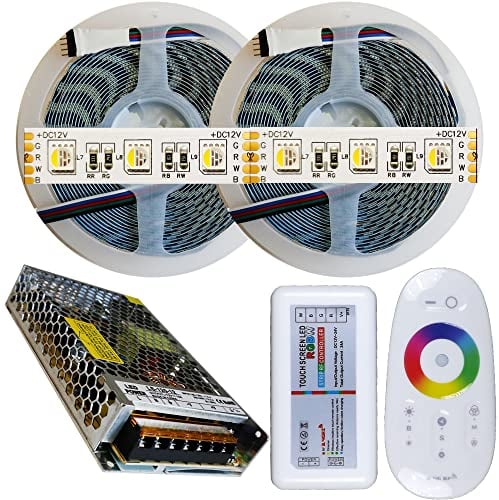 Mondo Strisce Led: RGB+Bianco Caldo 4in1. Kit da 10 Metri con 1 Trasformatore da 120w 12V e 1 Controller 2,4Ghz. Con 600 Led RGB+WW sviluppa 5000+5000 Lumen. Striscia RGBW Ip20
