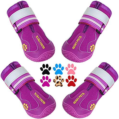 QUMY Hundeschuhe für große Hunde, mittelgroße Hundestiefel & Pfotenschutz für Winter Schnee Tag, Sommer heißer Bürgersteiger, wasserdicht bei regnerischem Wetter, Outdoor-Spaziergänge, Lila, Größe 1