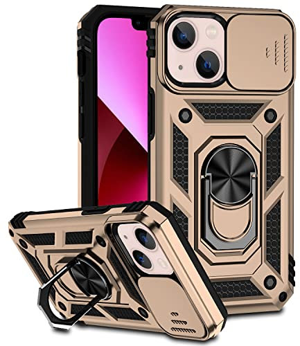 Hitaoyou iPhone 13 Mini Case with Camera Cover & Kickstand, Heavy Duty Protection, Military Grade, Gold
