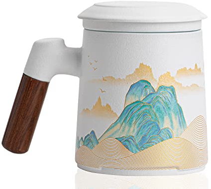 Hanbosym Keramik Teetasse mit Teesieb und Deckel, Teebecher für den täglichen und Bürogebrauch, handbemalt mit Holzgriff, Geschenkverpackung für Familie und Freunde, 400ML (Weiß)
