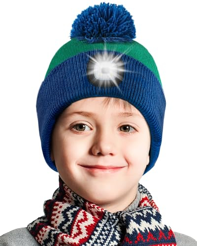 Deilin Geburtstag Geschenke Kinder, Bommelmütze mit Led Licht Kinder USB Wiederaufladbare Winterwärmer Strickmütze mit Stirnlampe für Mädchen Jungen, Halloween Weihnachten Geschenke, Grün + Blau