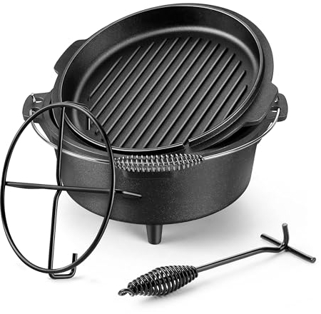 HaSteeL 7 QT Cast Iron Dutch Oven, Large 2 in 1 Camp Pre-Seasoned Deep Pot & Lid Skillet Pan, Heavy Thick 7 Quart Multiple Cookware with Feet for Outdoor Camping Baking, Bracket and Lid Lifter