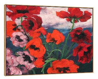 XGMDZRT Berühmte Wandkunst-Gemälde-Reproduktion: Große Mohnblumen. Emil Nolde Kunstwerk Poster. Druck auf Leinwand. Dekobild für Wohnzimmer. Fertig zum Aufhängen, brauner Rahmen, 70x85 cm