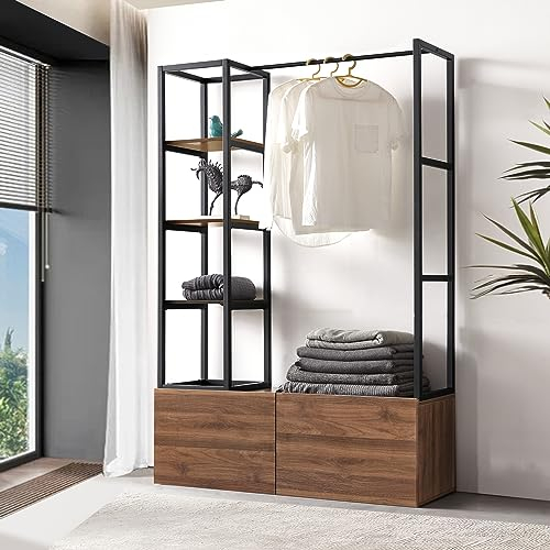 [en.casa] Kleiderständer Egmating mit Kleiderstange Garderobenständer MDF offener Kleiderschrank mit 4 Fächern und 2 Schubladen 180 x 120 x 40 cm Walnuss-Optik