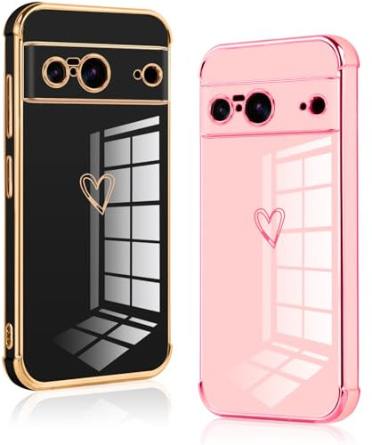 Vauki 2 Pack Funda para Google Pixel 8 5G, Patrón de Corazón Carcasa, Silicone TPU Soft Case Resistente a los Golpes para Google 8 5G, Negro y Rosa