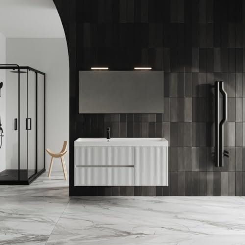 KIAMAMI VALENTINA - Möbelset für Wandmontage in mattweiß geriffelt, 2 Auszügen + 1 Tür +Spiegel | Cortina