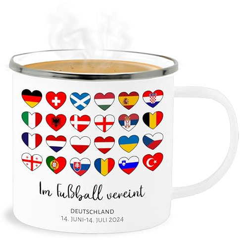 Emaille Becher Blechbecher - WM Tassen - Deutschland EM 2024 Länder Herzen - Im Fußball vereint | - 300 ml - Weiß Silber - fussball tasse europameisterschaft europa fu ball trikot alle