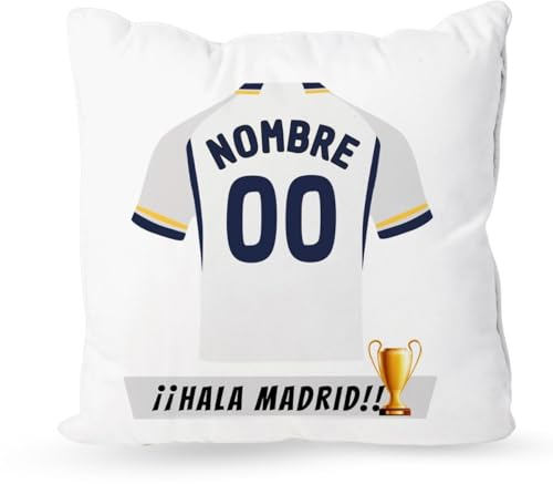 DEREGALOOS Cojín Personalizado con Nombre y Equipo de fútbol. Cojín Personalizado del Madrid. Regalo Original para Aficionados fútbol. Regalo fútbol Madrid. Puedes incluir Relleno. 35x35