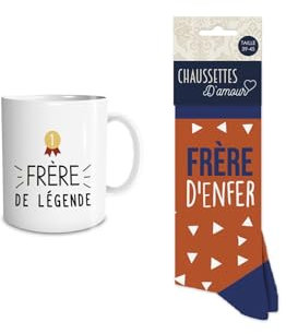 DECOHO - Coffret Mug Chaussettes Frère de légende - Cadeau original homme en céramique et textile - Mug 33 cl blanc, chaussettes conforta - Multicolore